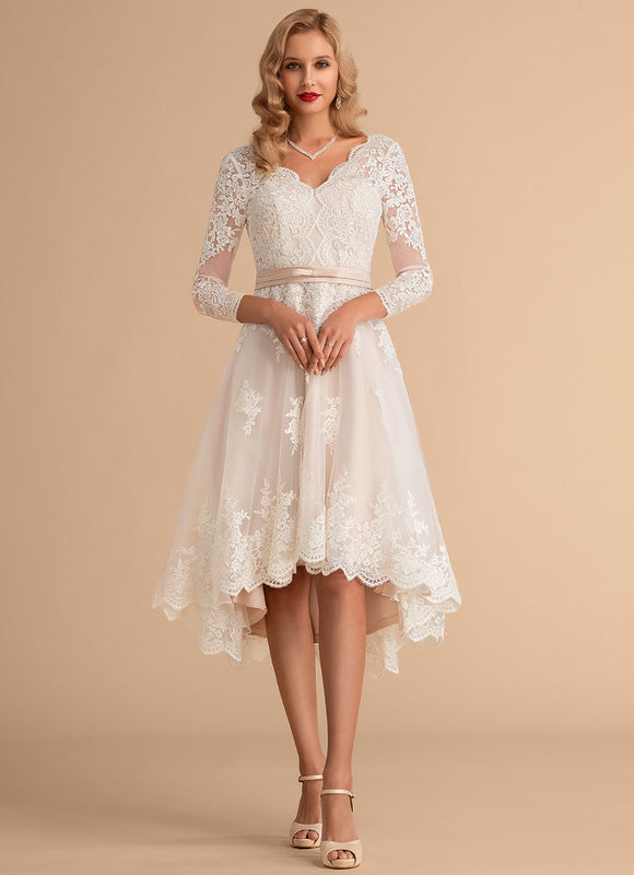 Robe Pastel Mariage Rose Poudré Dentelle - gallery 4