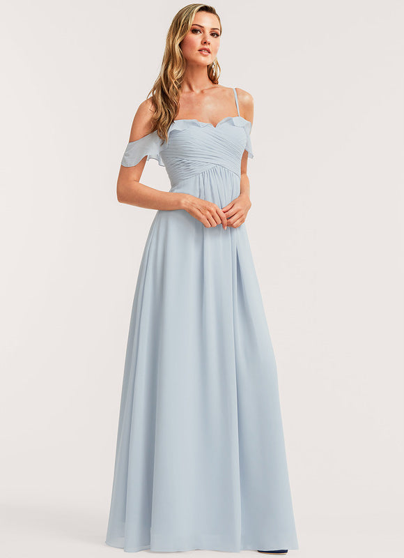 Robe Pastel Bleu Décolleté Épaules Volants