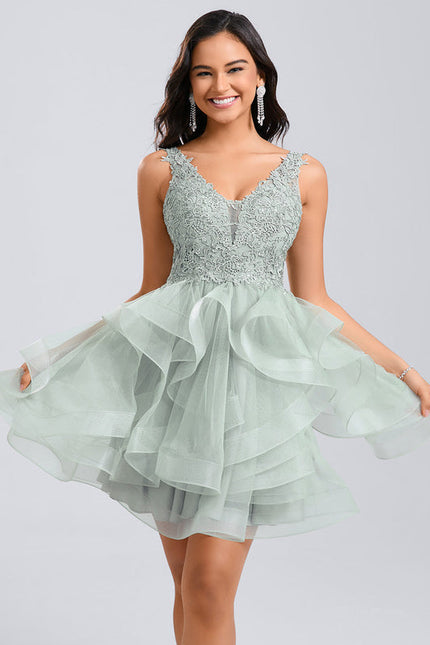 Robe Pastel Verte Col V Tulle Dentelle - gallery 2