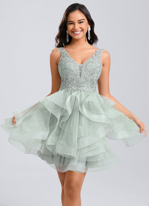 Robe Pastel Verte Col V Tulle Dentelle - gallery 2