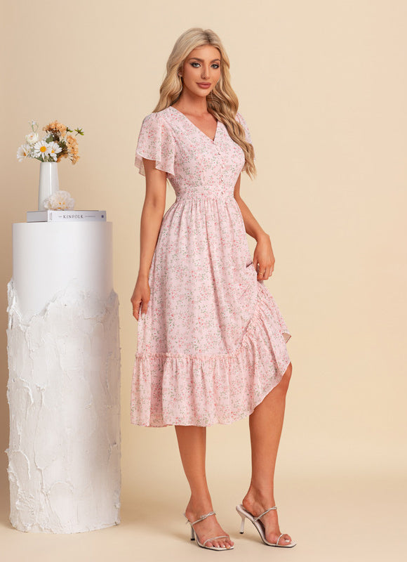 Robe Pastel Fleurie Rose Midi Volants - gallery 7