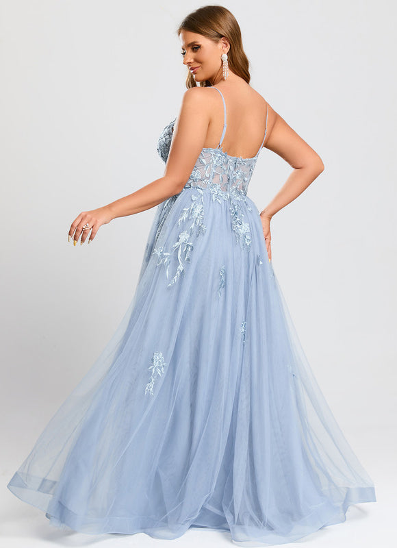 Robe Pastel Bleu Col V Tulle Longue - gallery 9
