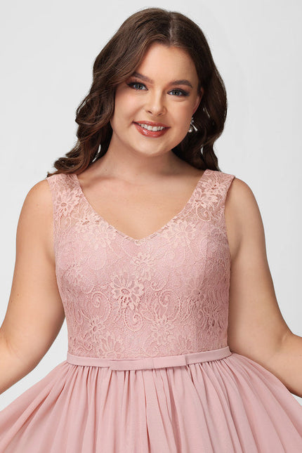 Robe Pastel Rose Col V Dentelle Genou - gallery 5
