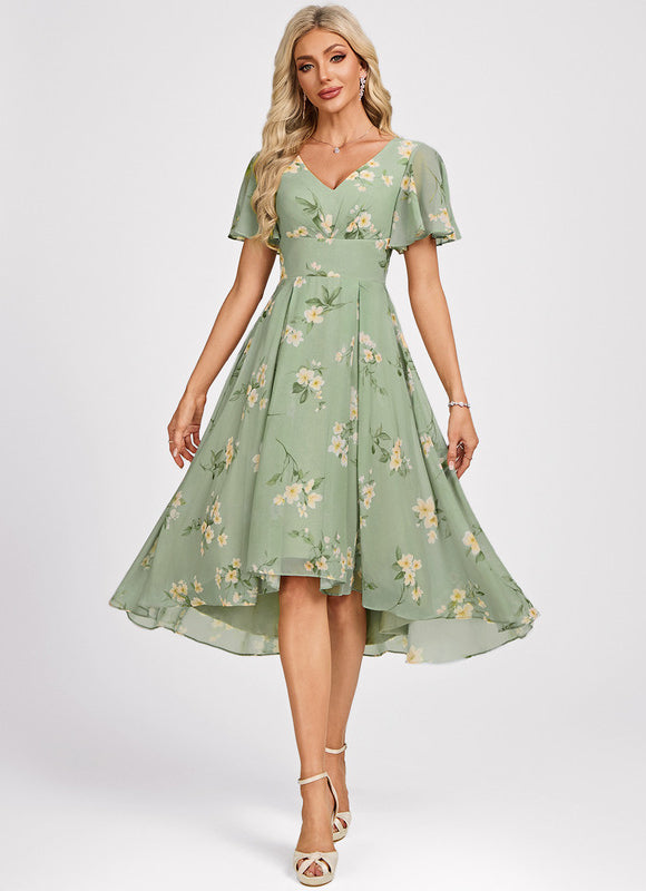 Robe Pastel Bleu Asymétrique Col V Volants