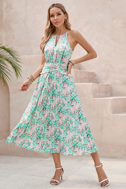 Robe Pastel Verte Imprimée Fleuri Midi - gallery 6