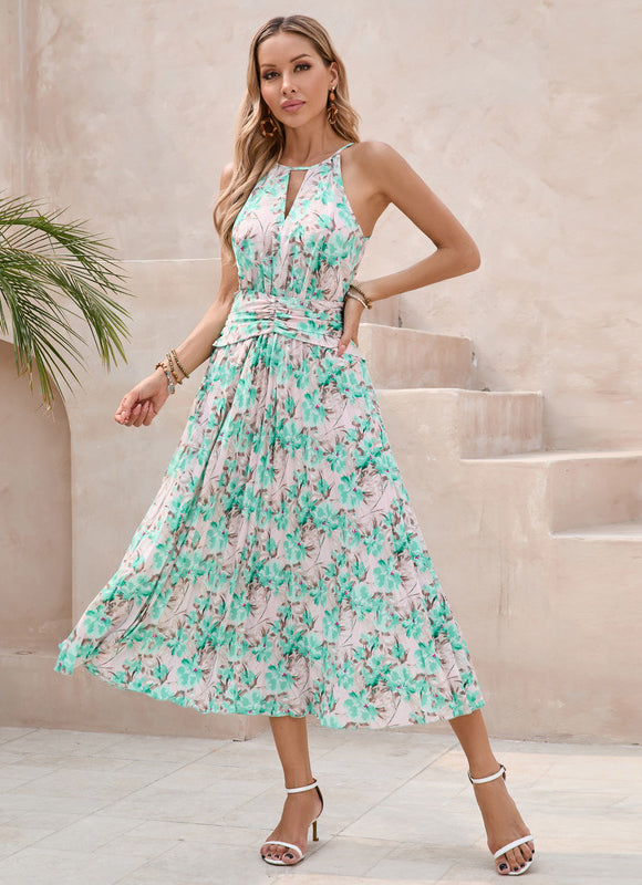 Robe Pastel Verte Imprimée Fleuri Midi - gallery 6