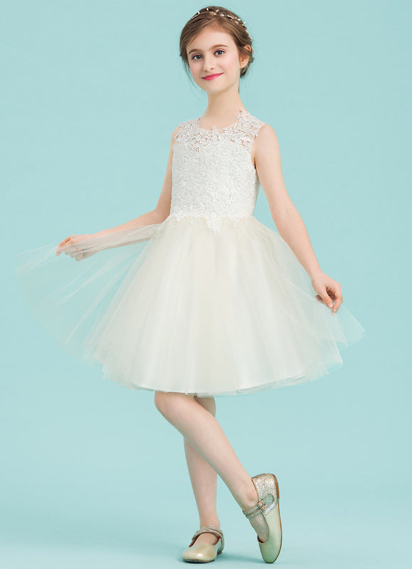 Robe Pastel Crème Dentelle Col Rond Genoux - gallery 8