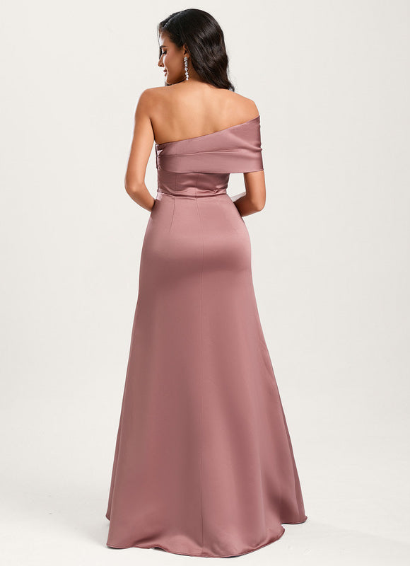 Robe Pastel Rose Satin Longueur Ras Du Sol - gallery 4