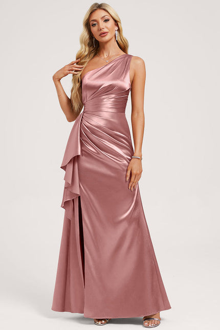 Robe Pastel Rose Décolleté Asymétrique Satin