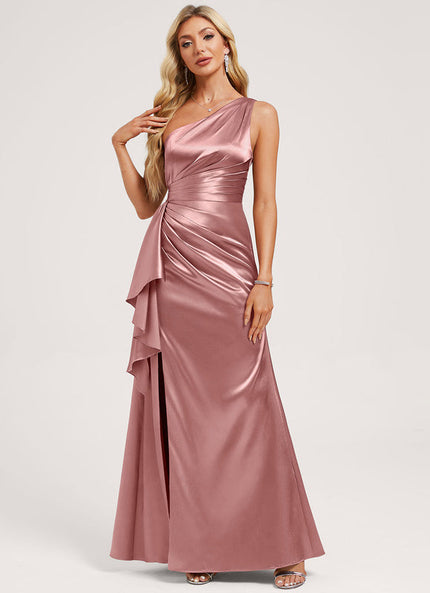 Robe Pastel Rose Décolleté Asymétrique Satin