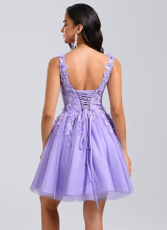 Robe Pastel Lavande Col V Dentelle Tulle - gallery 4