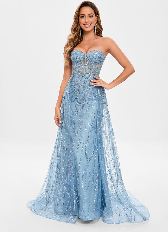 Robe Pastel Bleu Pailleté Avec Traîne