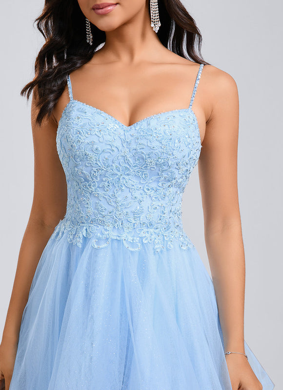 Robe Pastel Bleue Col V Dentelle Tulle - gallery 5