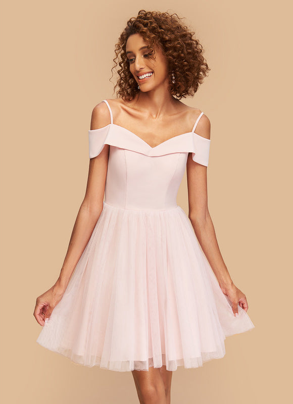 Robe Pastel Rose Épaule Dénudée Crêpe Tulle - gallery 4
