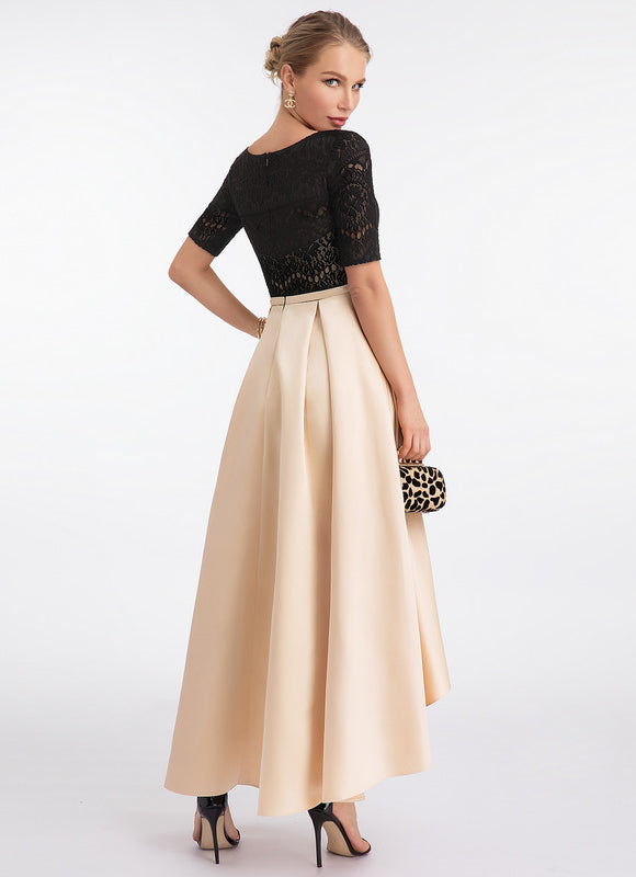 Robe Pastel Beige Trapèze Satin Dentelle - gallery 3