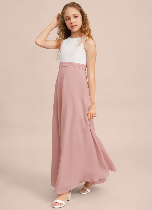 Robe Pastel Rose Demoiselle D'Honneur Col Rond - gallery 5