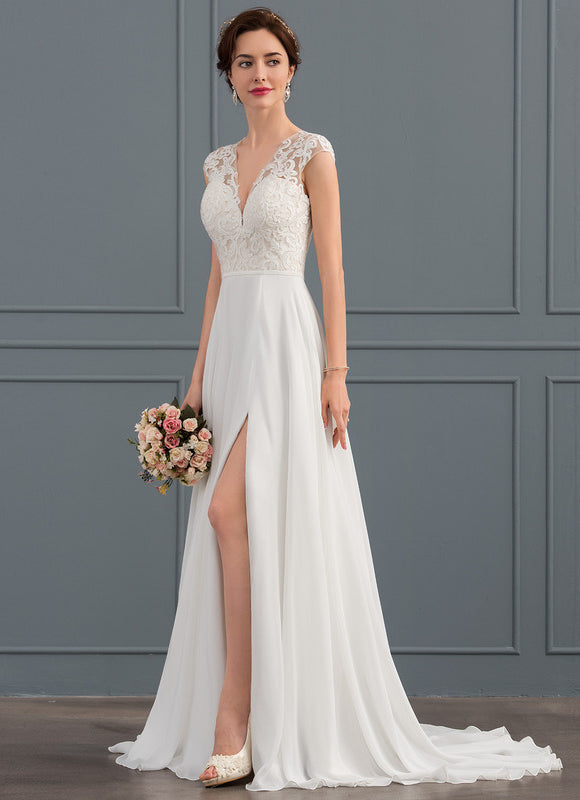 Robe Pastel Blanche Col V Traîne Dentelle - gallery 1