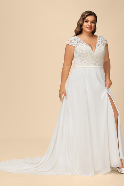 Robe Pastel Blanche Col V Traîne Dentelle - gallery 6