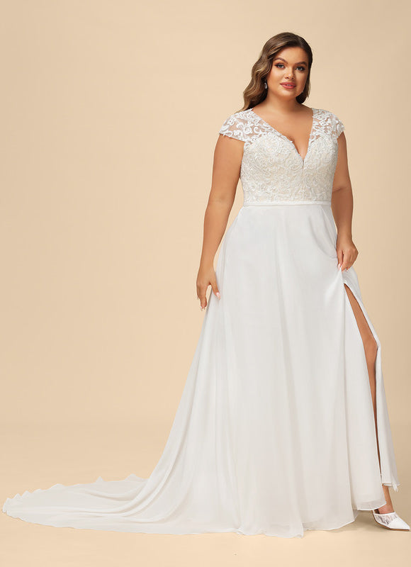 Robe Pastel Blanche Col V Traîne Dentelle - gallery 6