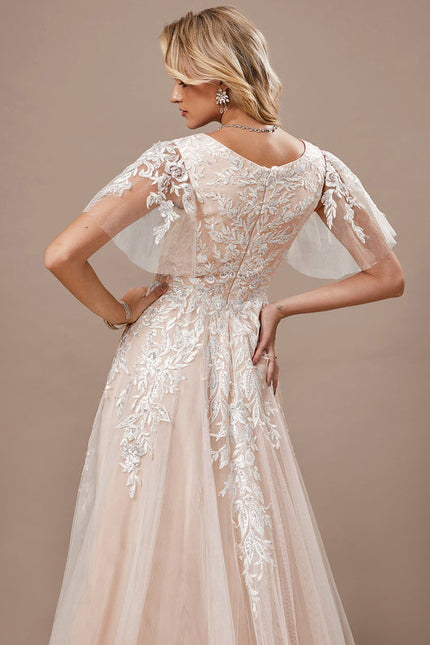 Robe Pastel Rose Traîne Tulle Dentelle - gallery 3
