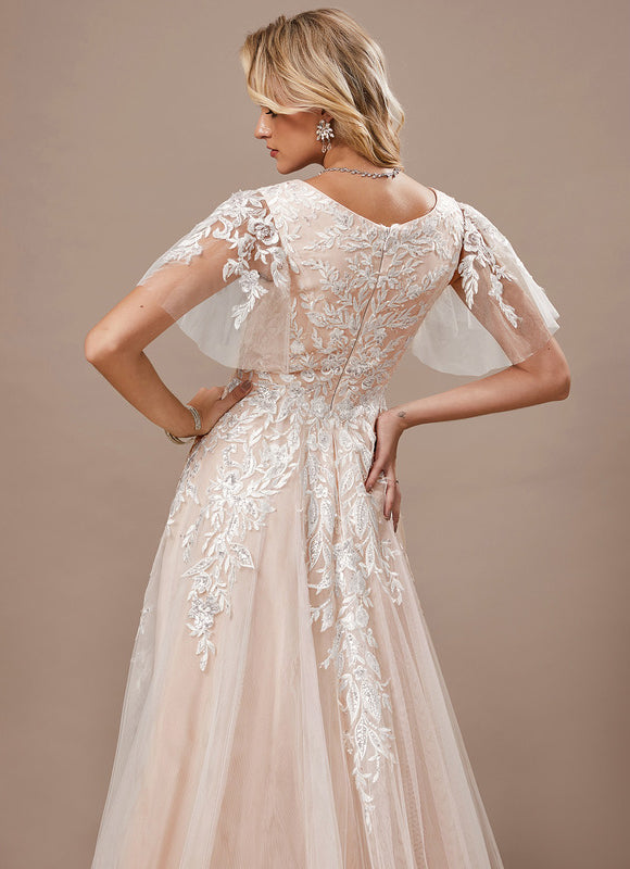 Robe Pastel Rose Traîne Tulle Dentelle - gallery 3
