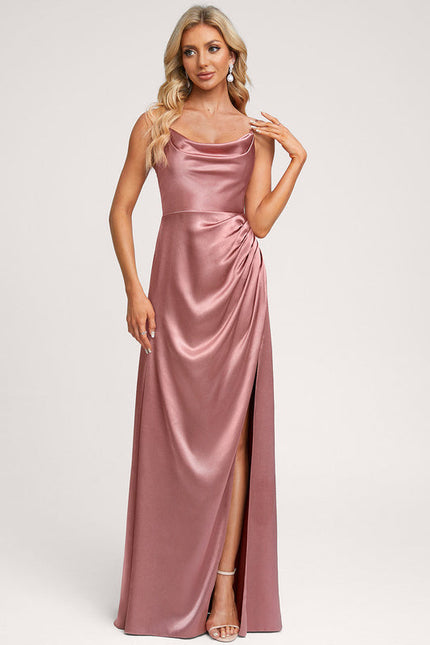 Robe Pastel Rose Satin Longueur Sol Élégante - gallery 3