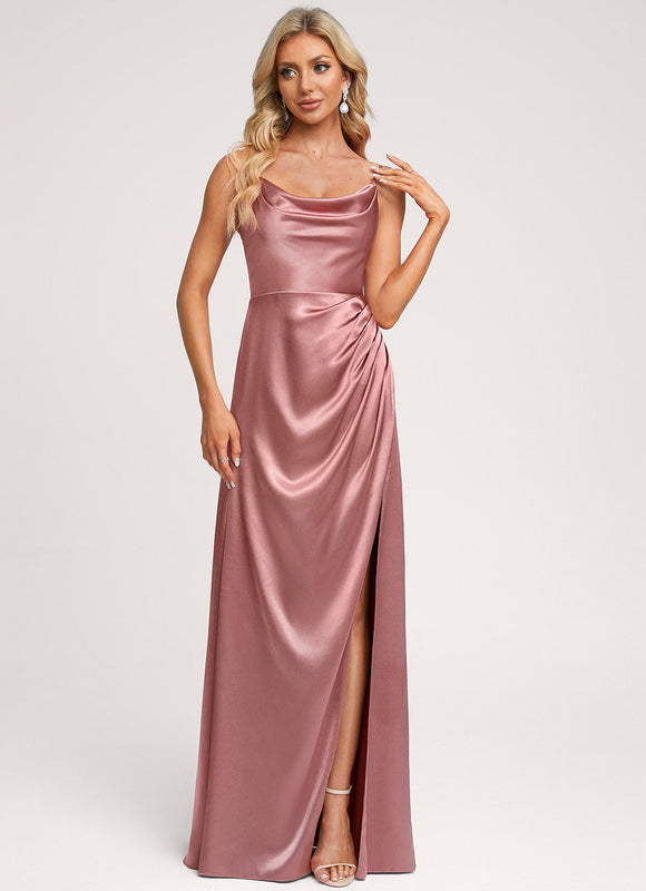 Robe Pastel Rose Satin Longueur Sol Élégante - gallery 3