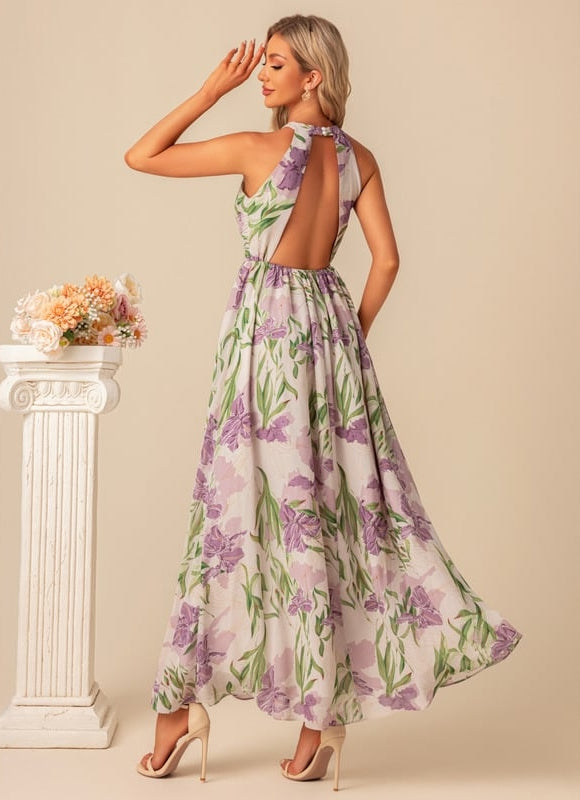 Robe Pastel Florale Licou Blanc Maxi