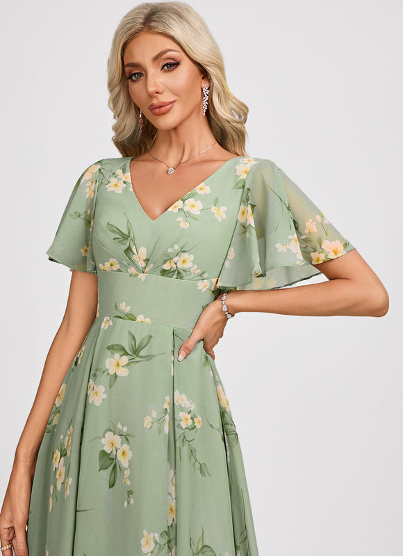 Robe Pastel Bleu Asymétrique Col V Volants - gallery 4