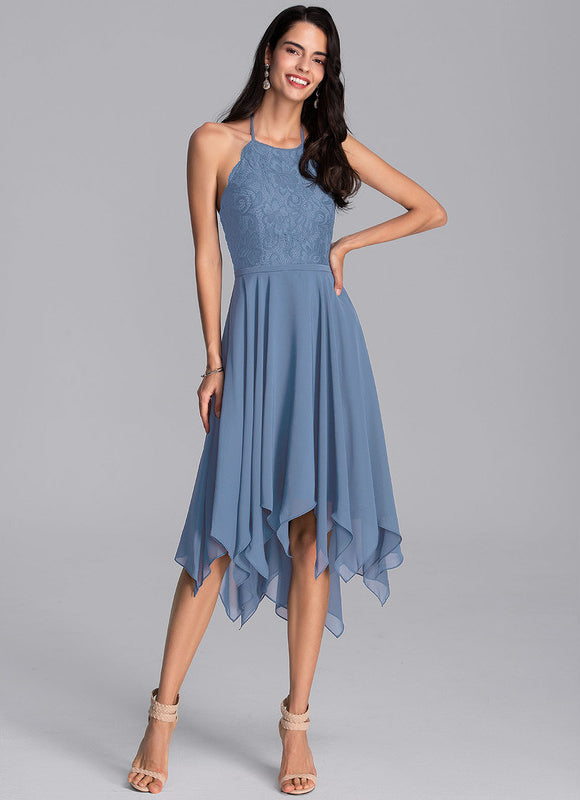 Robe Pastel Bleu Trapèze Asymétrique Dentelle - gallery 2