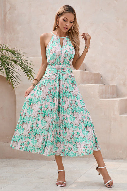 Robe Pastel Verte Imprimée Fleuri Midi