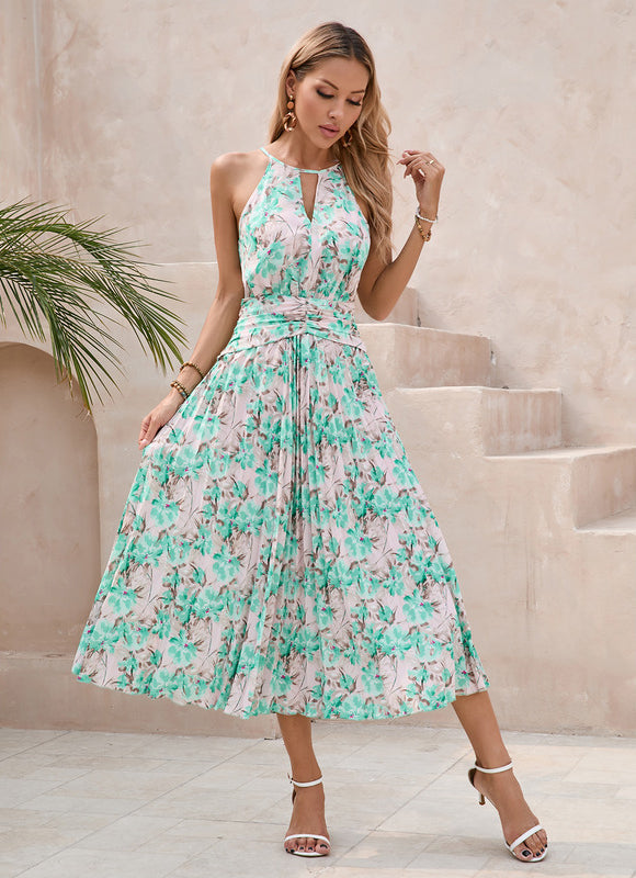 Robe Pastel Verte Imprimée Fleuri Midi