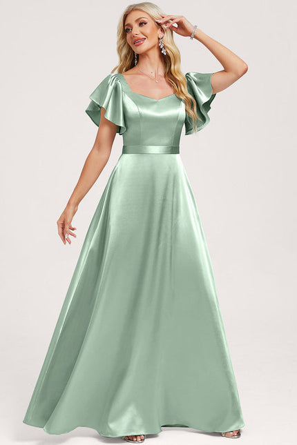 Robe Pastel Verte Satin Longueur Ras Du Sol - gallery 2