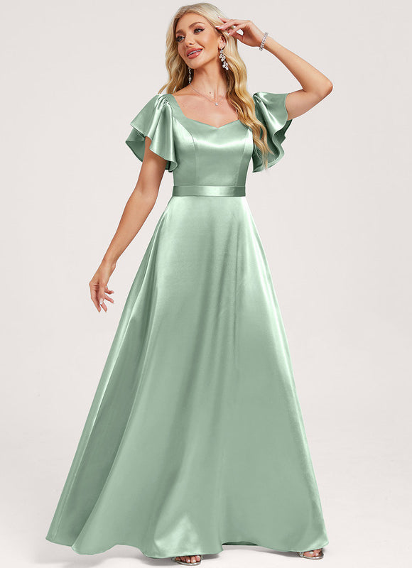 Robe Pastel Verte Satin Longueur Ras Du Sol - gallery 2