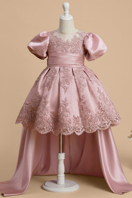 Robe Pastel Rose Satin Dentelle Fille Mariage - gallery 1