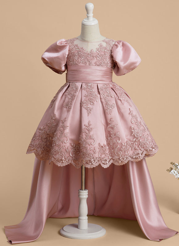 Robe Pastel Rose Satin Dentelle Fille Mariage - gallery 1