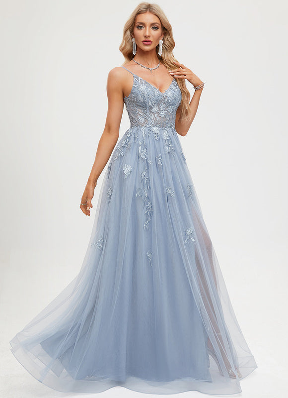Robe Pastel Bleu Col V Tulle Longue - gallery 6