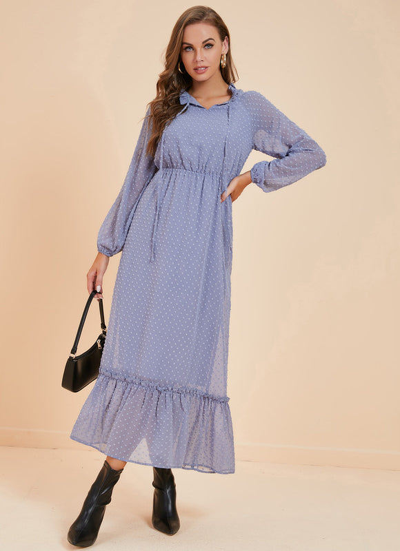 Robe Pastel Bleu Col Montant Volantée - gallery 3