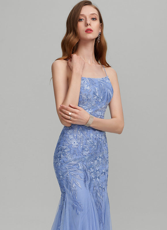 Robe Pastel Bleu Sirène Traîne Dentelle - gallery 2