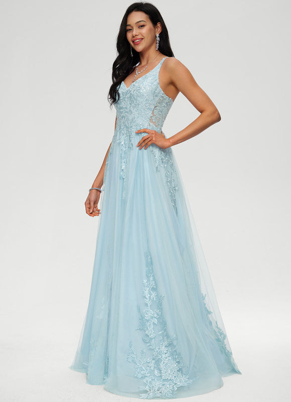 Robe Pastel Bleu Col V Tulle Paillettes - gallery 3