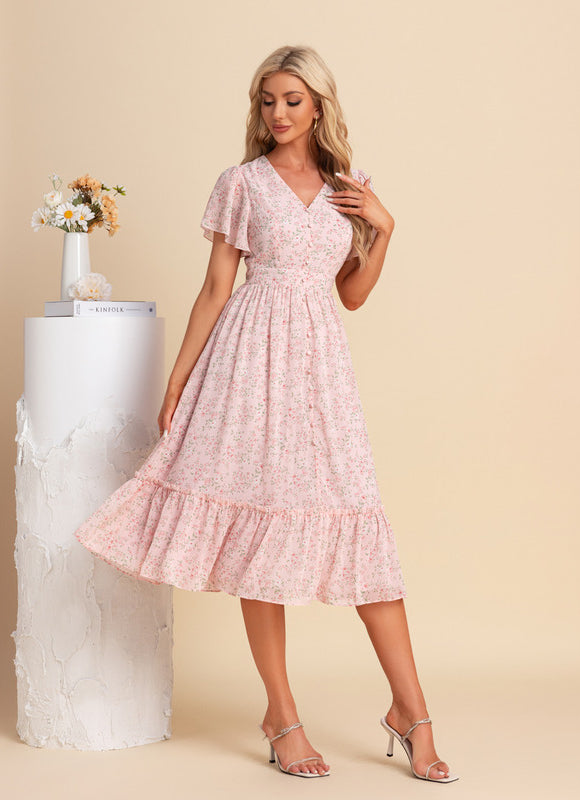 Robe Pastel Fleurie Rose Midi Volants - gallery 5
