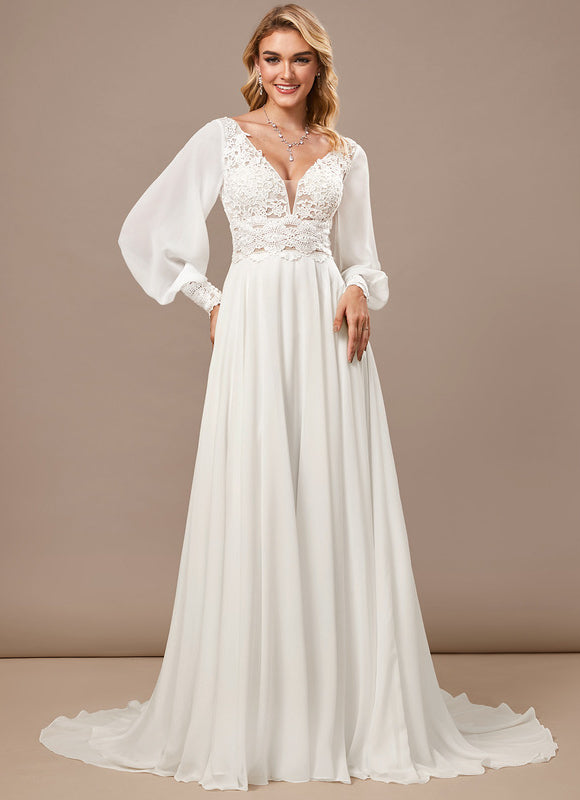Robe Pastel Blanche Col V Traîne Dentelle - gallery 2