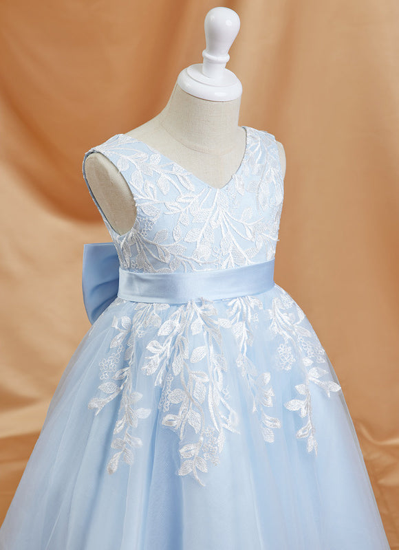 Robe Pastel Bleu Longueur Genou Dentelle - gallery 4