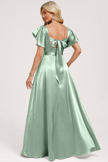 Robe Pastel Verte Satin Longueur Ras Du Sol - gallery 4