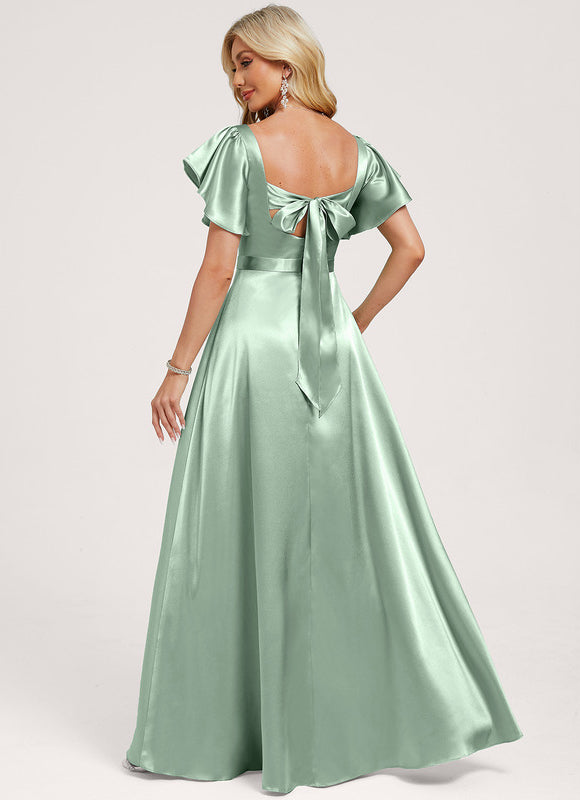 Robe Pastel Verte Satin Longueur Ras Du Sol - gallery 4