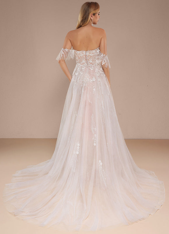 Robe Pastel Rose Épaules Dénudées Traîne Longue - gallery 3