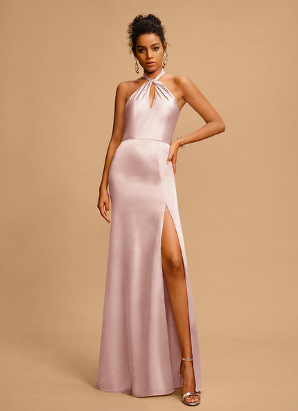 Robe Pastel Rose Satin Longue Avec Nœud