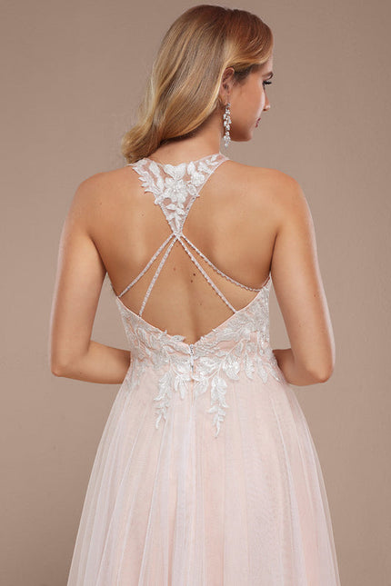 Robe Pastel Rose Traîne Dentelle Paillettes - gallery 1