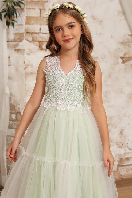 Robe Pastel Verte Col V Dentelle Enfant - gallery 7