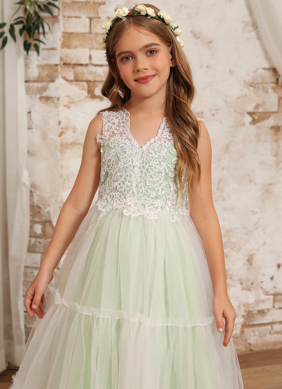 Robe Pastel Verte Col V Dentelle Enfant - gallery 7